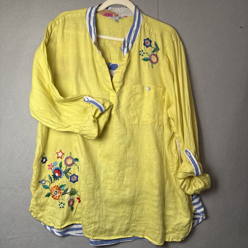 John Mark Bright Yellow Floral Embroidered Tunic Top Size 2XL
